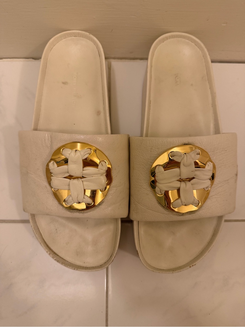 Tory Burch Leather Slide Sandals with Gold Medallion - Cream
